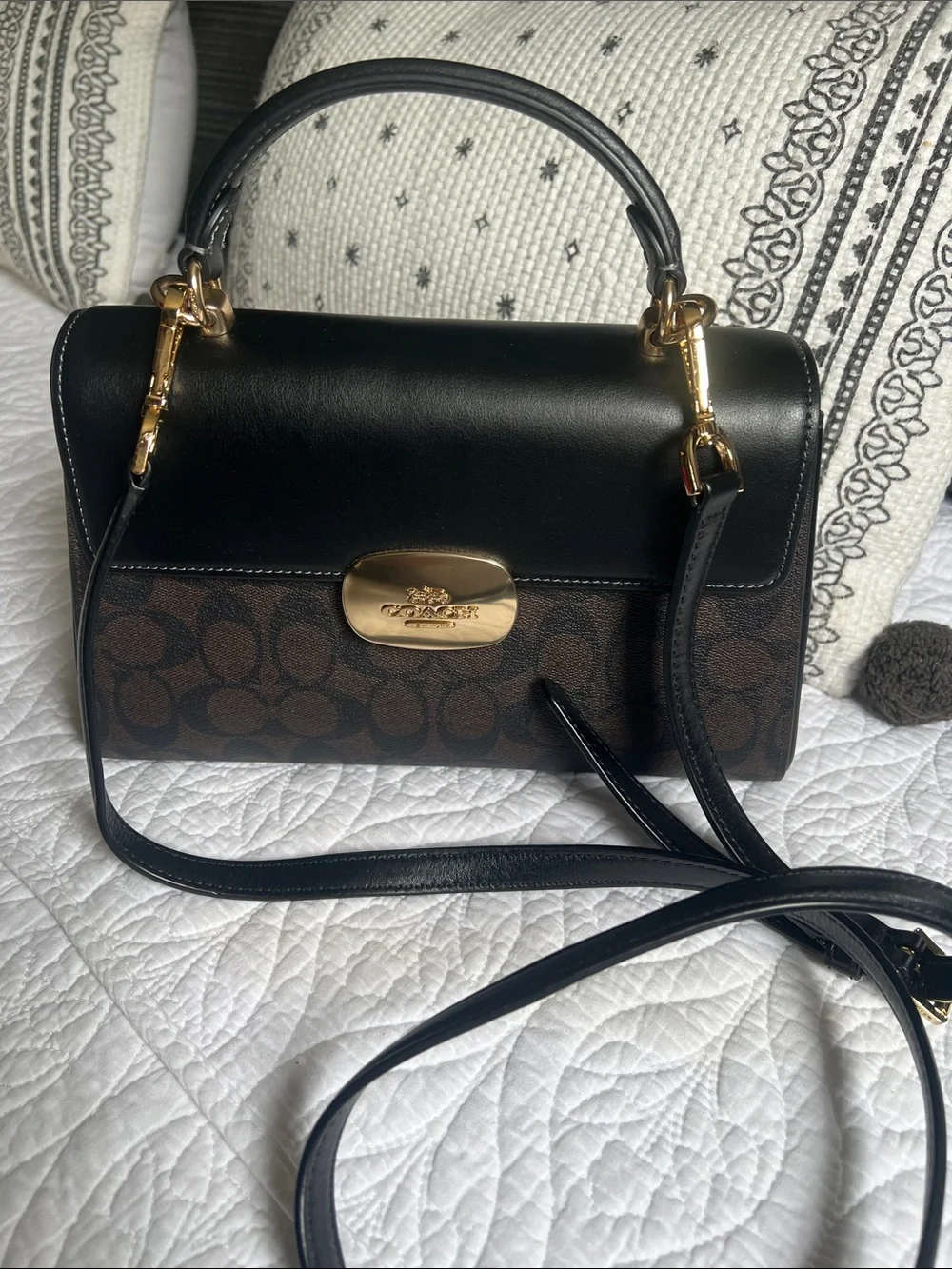 Coach Brown Signature Canvas Top-Handle Satchel with Black Leather Flap